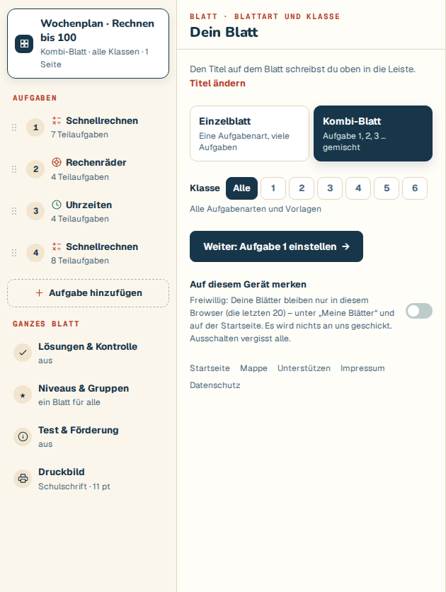Die Einstellungen unter Blatt: Umschalter zwischen Einzelblatt und Kombi-Blatt, Knöpfe für die Klasse und der Schalter Auf diesem Gerät merken.